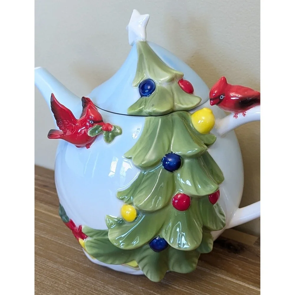 Pier 1 Imports Christmas Tree Teapot Porcelain Cardinal Hand Painted w/Box